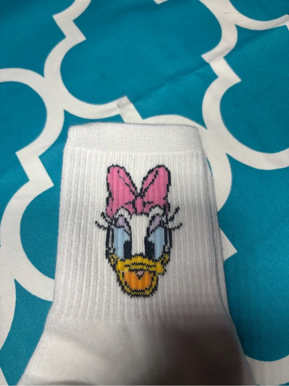 New Women’s White Crew Socks with Daisy Duck Face and Pink Bow